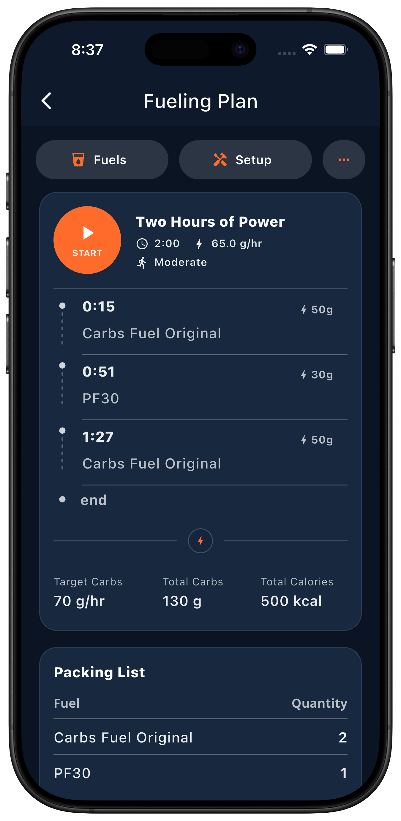BonkGuard iPhone screenshot showing a fueling plan for a two-hour workout