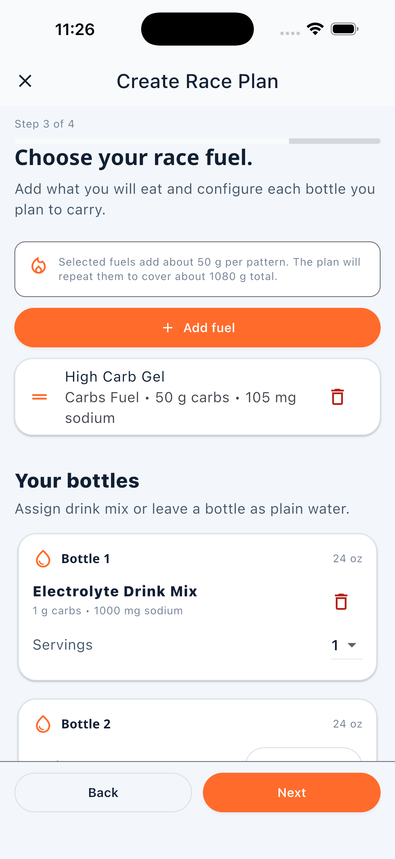 BonkGuard Race fuel setup showing selected fuel products and bottles for the race plan.