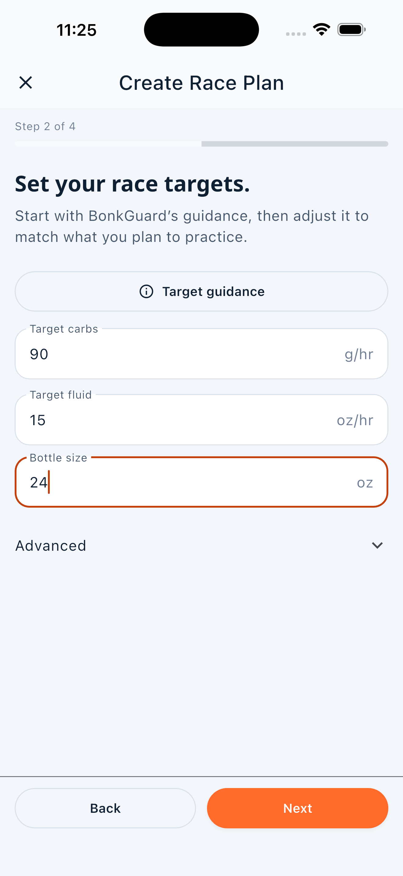 BonkGuard Your targets setup showing editable carbohydrate and fluid targets with advanced options available.