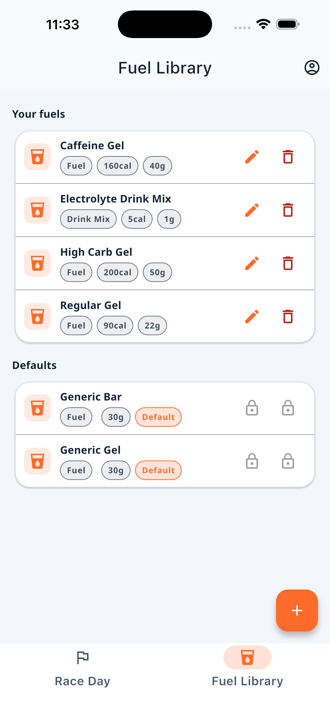 BonkGuard Fuel Library showing available foods, gels, chews, and drink mixes.
