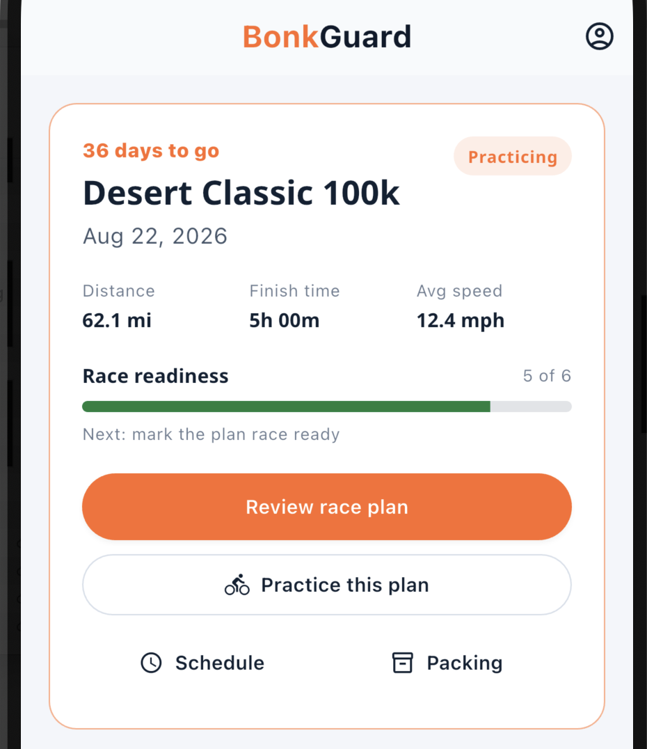 BonkGuard Race Day card for the Desert Classic 100K showing five of six readiness items complete, with actions to review or practice the plan.
