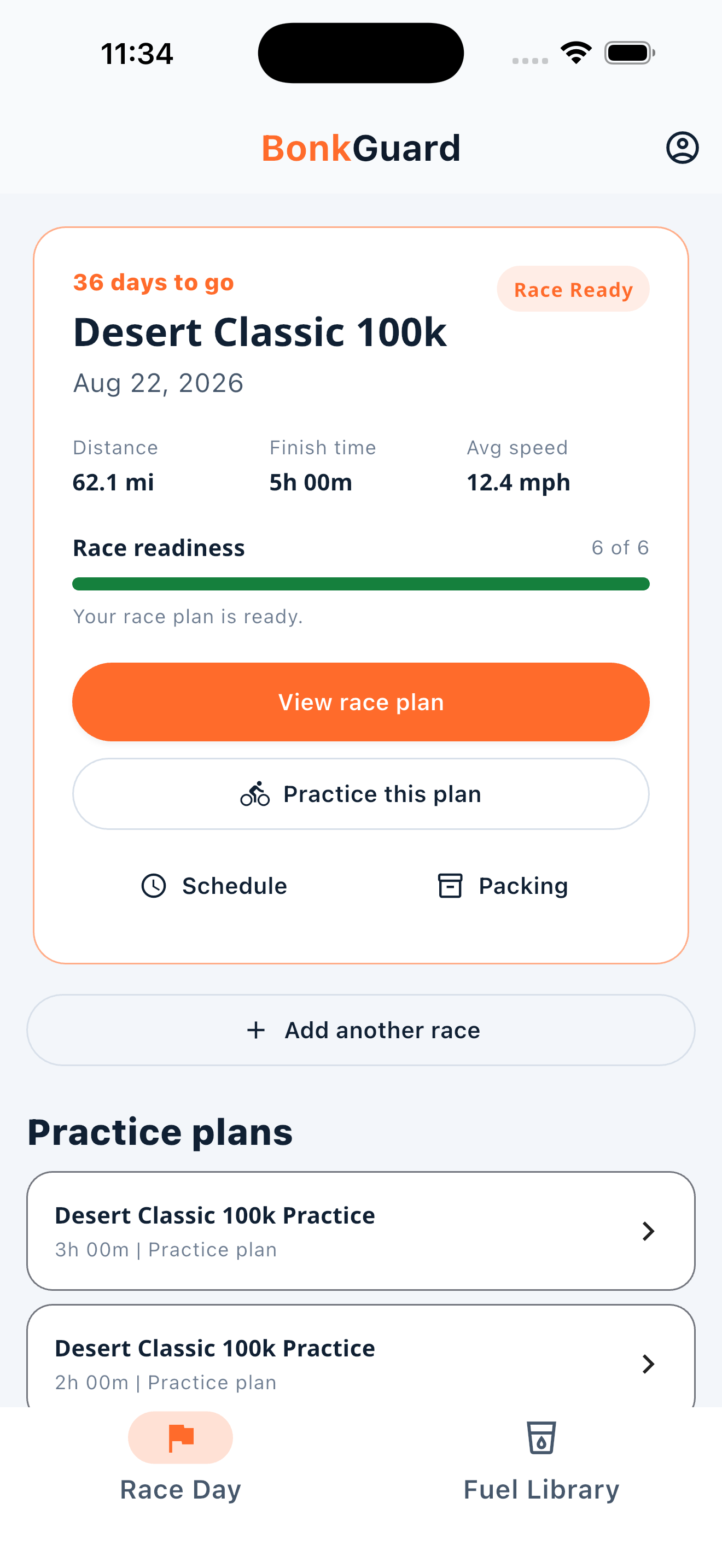 BonkGuard Race Day home showing the Desert Classic 100K marked Race Ready with all six readiness items complete.