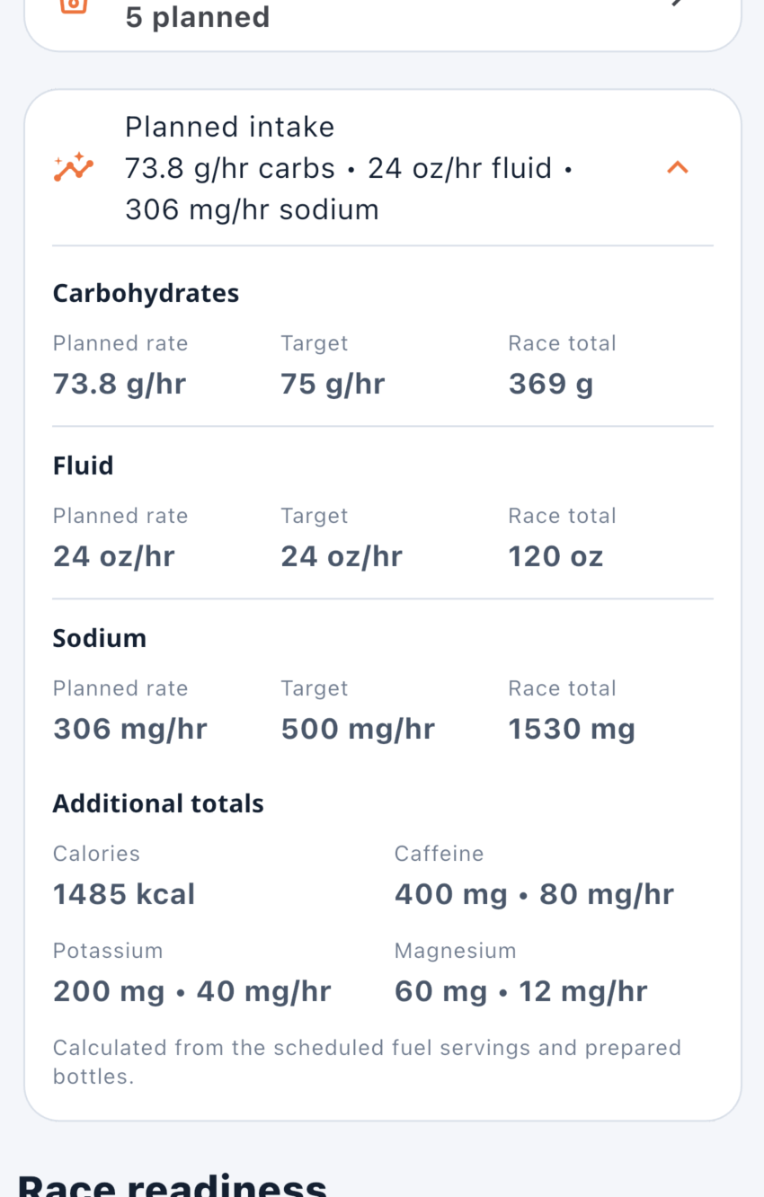 Expanded BonkGuard Planned intake panel comparing planned carbohydrate, fluid, and sodium rates with targets and race totals.