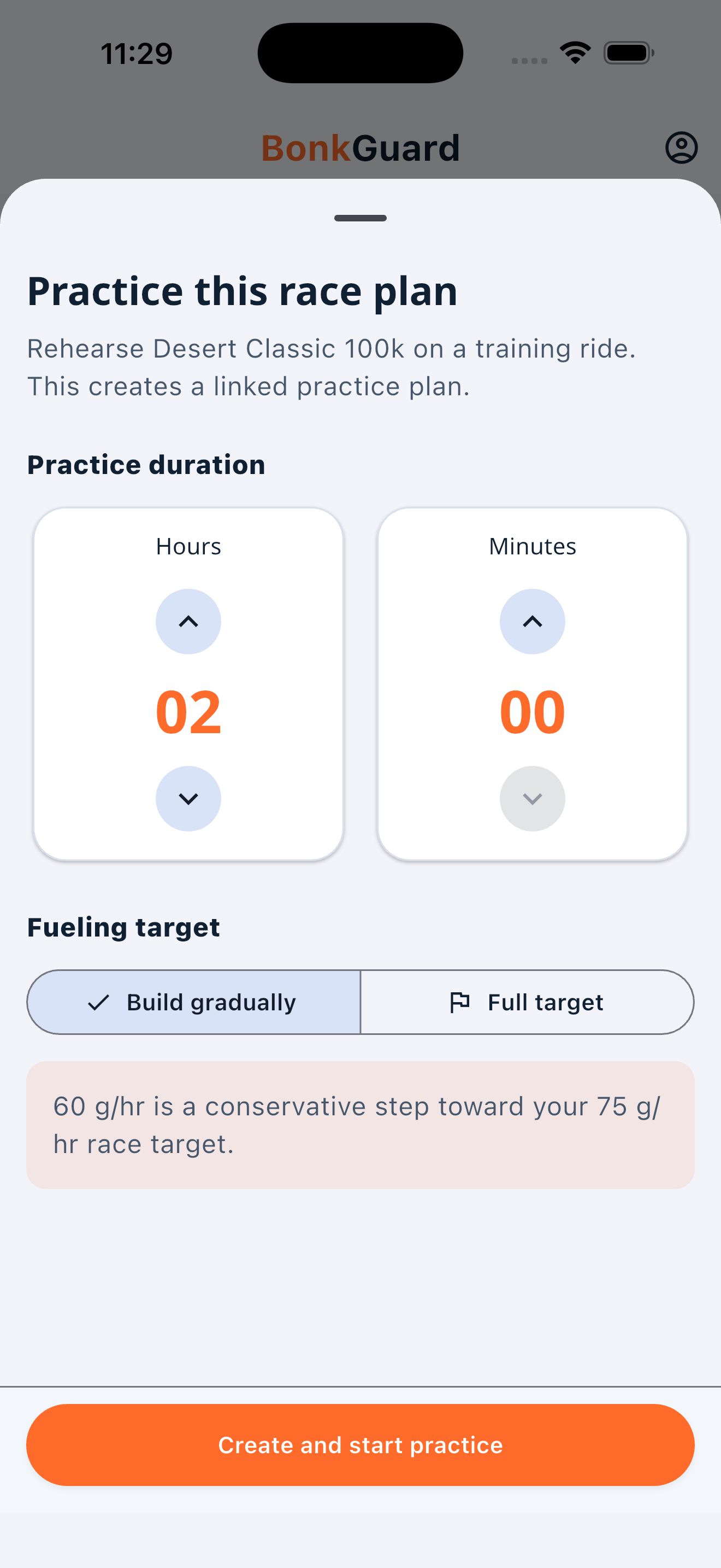 BonkGuard Practice this race plan setup with a two-hour duration and a conservative 60 grams per hour step toward a 75 grams per hour race target.