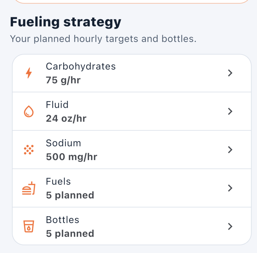 BonkGuard Fueling strategy showing carbohydrate, fluid, and sodium targets with five planned fuels and five planned bottles.