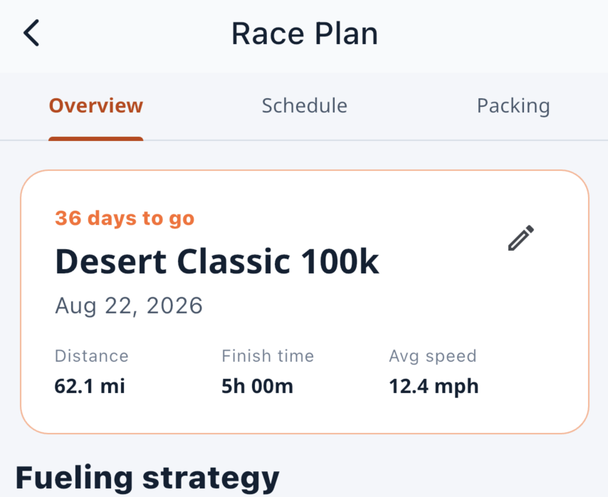 BonkGuard Race Plan Overview showing the Desert Classic 100K date, distance, finish time, and planned average speed.
