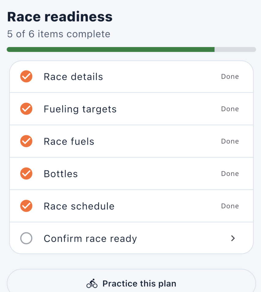 BonkGuard race-readiness checklist showing five of six items complete with athlete confirmation remaining.